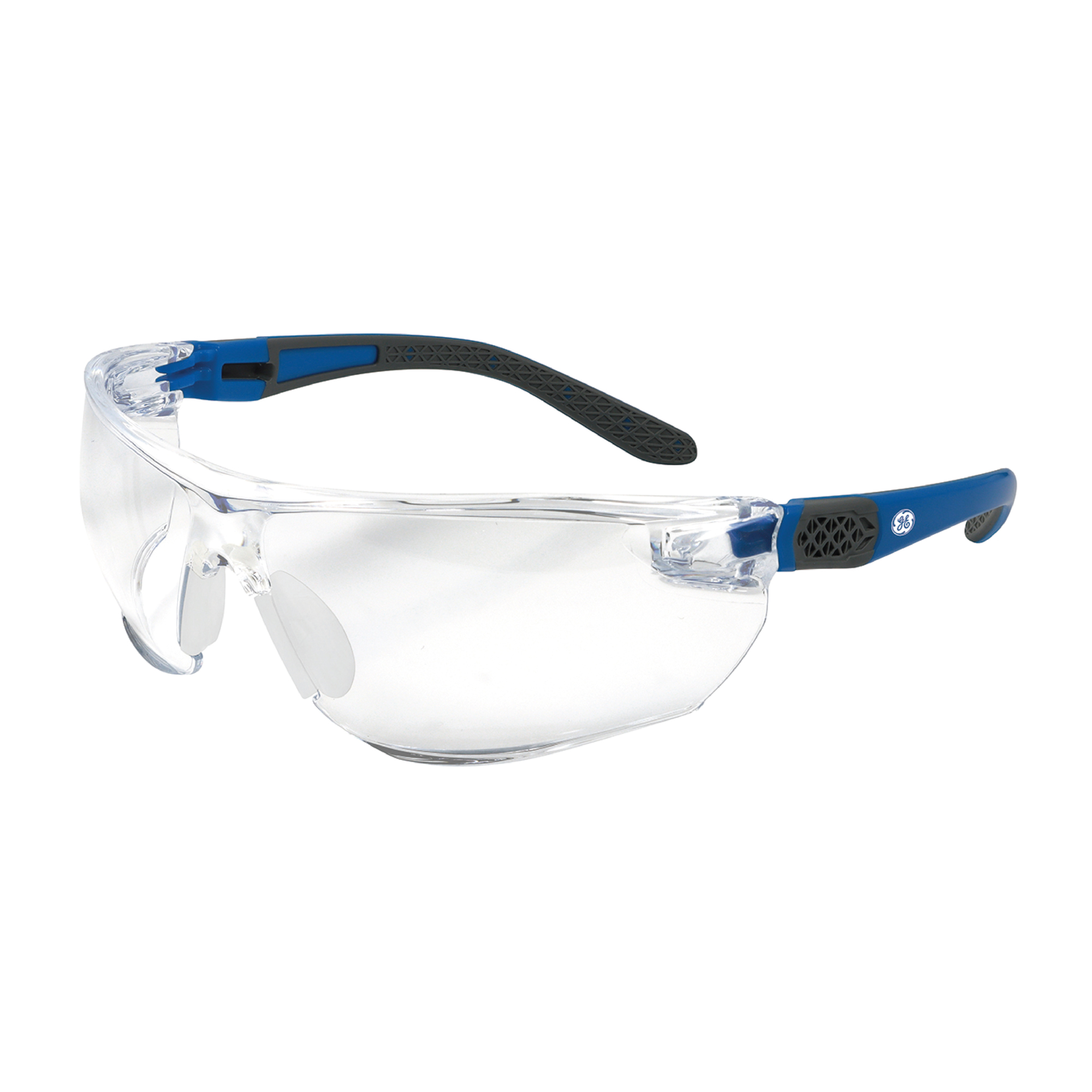 General Electric, Blue/Gray Safety Glasses Clear Lens, Soft anti-slip TPR temples, 100% Polycarbonate lens with 9.5 base curve. It has a Wrap Around Design with side protection and Adjustable soft TPR.  Model# GE202C